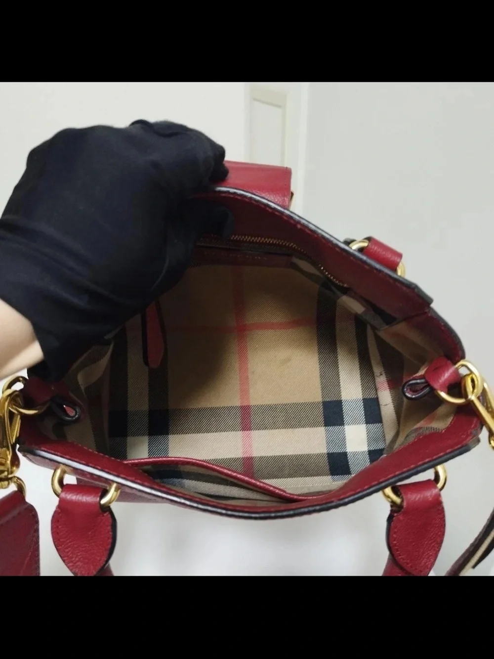 Burberry Burgundy Leather Satchel with Check Shoulder Strap